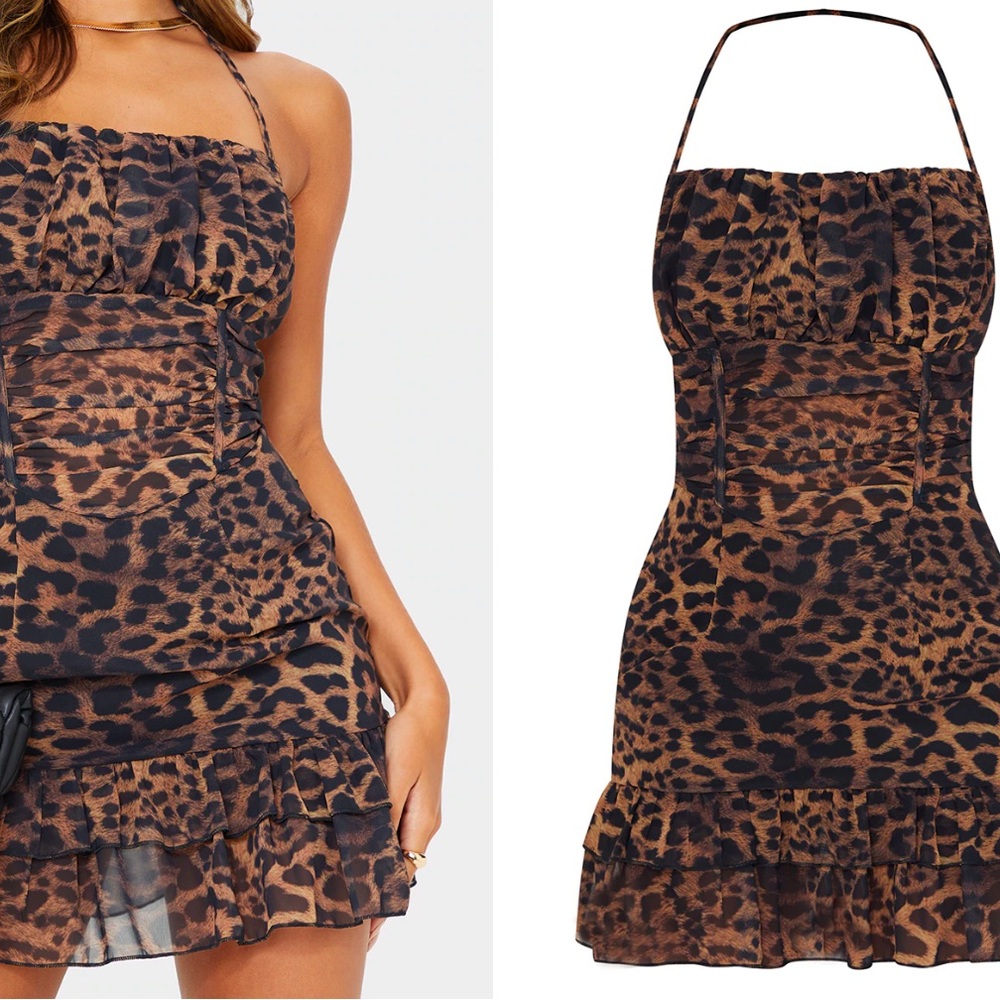 PRETTY LITTLE THING Brown Leopard Print Woven Halterneck Frill Hem Bodycon Dress